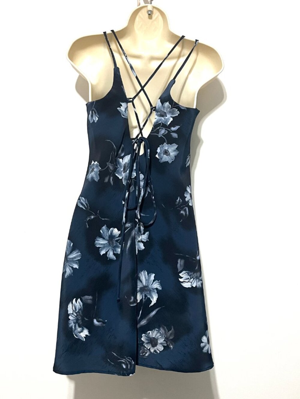 Womens Y2K Dark Fairy Lace Up Tie Back Slip Dress 6P Bias Whimsigoth Blue Floral - Picture 2 of 6